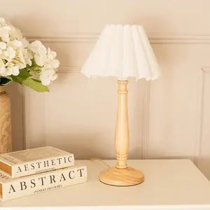 ValueLights Victoria Light Wood Candlestick Stem Table Lamp with White Scallop Tapered Shade and LED Bulb