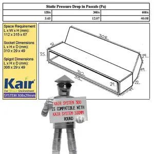 Kair 45 Degree Vertical Elbow Bend 308mm x 29mm - 12 x 1 inch Rectangular Plastic Ducting Adaptor