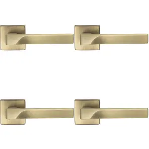 4 PACK - Premium Contoured Door Handle Set - Antique Brass Sleek Lever on Square Rose