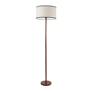 ValueLights Heather Dark Wood Single Stem Floor Lamp with Natural Black Trim Fabric Drum Shade