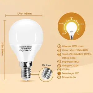 Aigostar E14 Small Edison Screw Golf Ball Bulb G45 SES LED Light Bulbs 7W 3000K Warm White