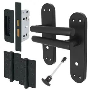 AFIT Black Door Handles Bathroom Kit - 64mm Lock & 76mm Hinges T-Bar Door Handle on Backplate 175x42mm Bathroom Kit Matt Black