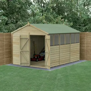 Forest Garden Beckwood Shiplap 12x8 ft Apex Natural timber Wooden Pressure treated 2 door Shed with floor & 6 windows (Base included) - Assembly service included