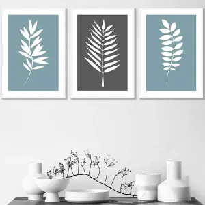 Set of 3 Blue Grey Graphical Leaves Wall Art Prints / 42x59cm (A2) / White Frame