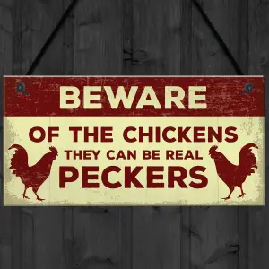 Red Ocean Beware Of The Chickens Sign For Gate Chicken Coop Hen House Funny Chicken Gift