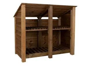 Wooden log store (roof sloping back) with kindling shelf W-146cm, H-126cm, D-88cm - brown finish