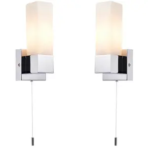 2 PACK IP44 Bathroom Wall Light Chrome & Frosted Glass Modern Rectangle Fitting