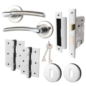 AFIT Door Handle Sash Lock Set - Polished/Satin Chrome Finish - 64mm Lock 76mm Hinges Boston Range