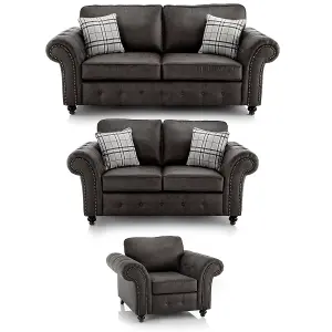 Oakland 3 Piece Sofa Suite 3 Seater, 2 Seater and Armchair Chesterfield Leather Air Charcoal Grey