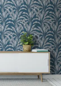 Muriva Blue Floral 3D effect Patterned Wallpaper