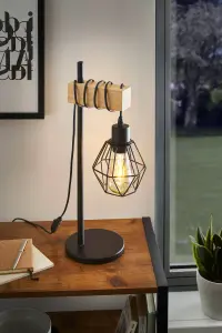 EGLO Townshend 5 Black/Natural Metal & Wood Table Lamp - Industrial Style (D) 15.5cm