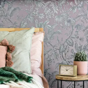 Paste the Wall Soft Pink and Silver Botanical Wallpaper