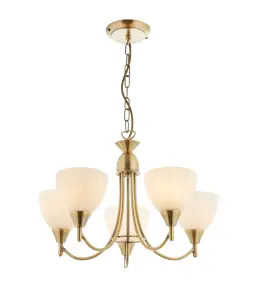 Anson Lighting Royal 5lt Pendant light finished in Antique brass plate and matt opal glass