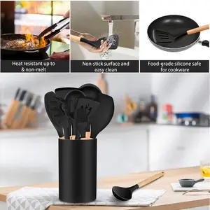 36Pcs Silicone Kitchen Utensil Set, Wooden Handle Cooking Utensils Spatula Set With Holder, Heat Resistant Kitchen Tools Safe For Non-Stick Cookware, Non-Toxic & Easy Clean, Black