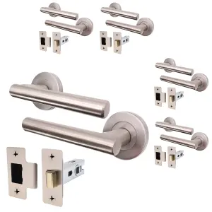 AFIT Satin Nickel Door Handle Latch Set - Pack of 5 Round T-Bar Internal Door Handles & Latch (64mm) Satin Lever on Rose Olvera