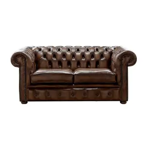 Chesterfield 2 Seater Antique Brown Leather Sofa Settee Bespoke In Classic Style