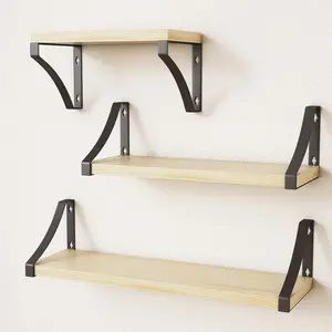 Floating Shelf Wall Mounted 3 Wood Shelves With Metal Basket