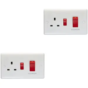 2 PACK 45A DP Oven Switch & Single 13A Switched Power Socket WHITE Cooker Outlet