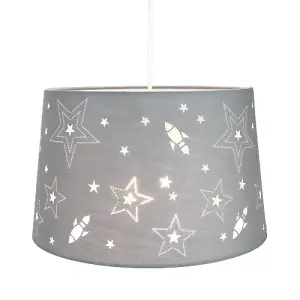 Rockets and Stars Childrens/Kids Grey Cotton 25cm Bedroom Pendant or Lamp Shade