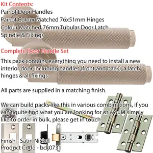 Door Handle & Latch Pack - Satin Nickel - Square Knurled Bar Lever On Round Rose