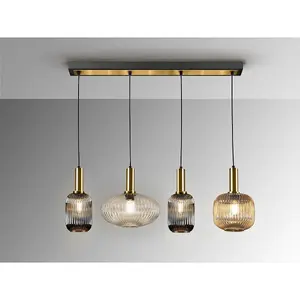 Luminosa Norma 4 Light Bar Pendant Ceiling Light Black, Brass, 3 Crystal Shades, E27