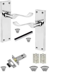 4 Set of Victorian Scroll Latch Door Handles Polished Chrome with Ball Bearing Hinges & Latches Pack Sets 150 x 40mm