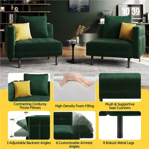 Yaheetech 2 Seater Velvet Convertible Sofa Bed with 4 Pillows - Green