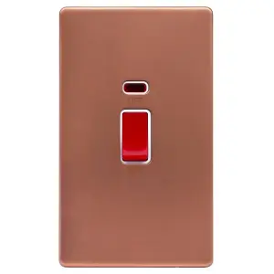 Brushed Copper Screwless Plate 45A 1 Gang Double Pole Switch & Neon, Large Plate - White Trim - SE Home