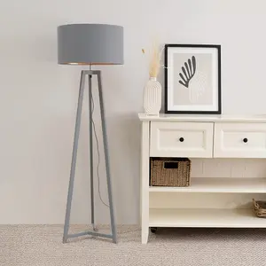 ValueLights Lottie Grey Wood Tripod Floor Lamp with Grey/Copper Drum Shade - LED Bulb Included