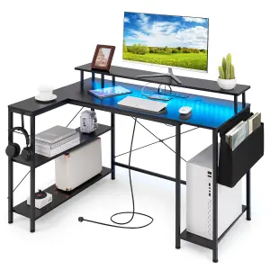 COSTWAY L-Shaped Gaming Desk with LED Lights 120 cm Computer Desk with Monitor Stand