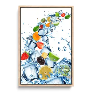 Fruit Water Splash Ice Cubes Kitchen CANVAS FLOATER FRAME Wall Art Print Picture Light Oak Frame (H)30cm x (W)20cm