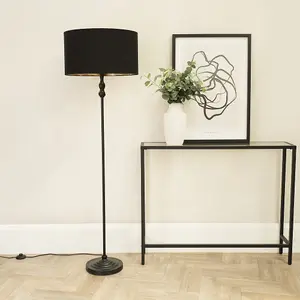 ValueLights Maggie Black Metal Candlestick Floor Lamp with Black and Metallic Gold Lamp Shade