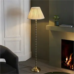 1535mm Floor Lamp - Antique Brass & Ivory Silk Classic Twisted Stem - Standing LED Light Base & Shade