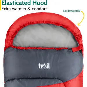 Trail Kids Sleeping Bag Mummy Hooded 3 Season Soft Warm 2 Way Zip Red Boys Girls