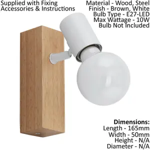 Wall 1 Spot Light Backplate Colour Brown Wood Oak Look White Shade Bulb E27 10W