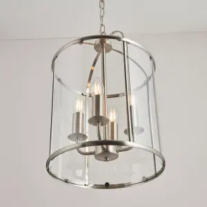 Anson Lighting Powell 4lt Pendant light finished in Satin nickel plate and clear glass