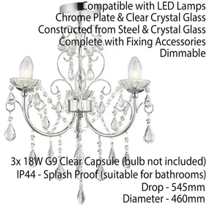 Flush Bathroom Ceiling Light IP44 Chrome & Crystal 3 Lamp Bulb Hanging Pendant