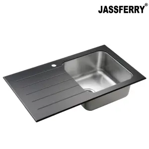 JASSFERRY Black Glass Top Kitchen Sink Stainless Steel Single 1 Bowl Left Hand Drainer