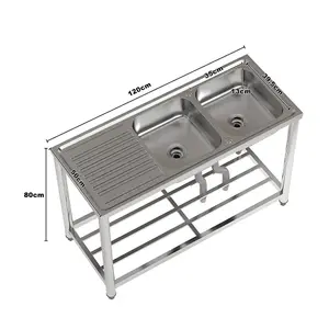 2 Compartments Commercial Freestanding Stainless Steel Kitchen Sink with Left Drainboard 120 cm