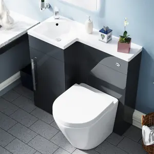 Nes Home Flat Packed Compact 900mm Grey L-Shape Left Hand Vanity Unit, Rimless Toilet Set