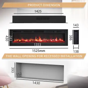 FlameKo Wilton 60"/152cm Electric Fireplace, Wall Mounted, Recessed Media Wall, Heater, Remote Control