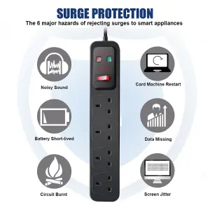 Extrastar 4 Gang Switched Surge-Protected Extension Lead 1M Black 13A