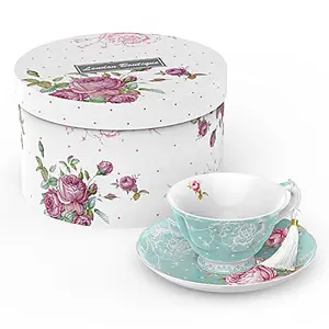 London Boutique Tea Cup and Saucer Set 1 Afternoon Tea Set New Bone China Vintage Flora Gift Box 200m (Turquoise)