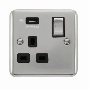 Curved Polished Chrome 1 Gang 13A DP Ingot 1 USB Switched Plug Socket - Black Trim - SE Home