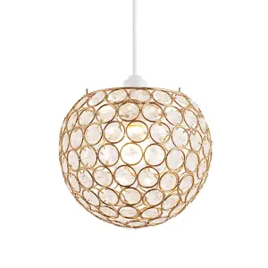 Modern Round Gold Globe Easy Fit Pendant Shade with Small Clear Acrylic Beads