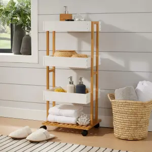 Home Source Oxford Bamboo 4 Tier White Utility Trolley Kitchen Bathroom Organiser Unit