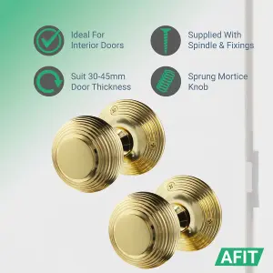 AFIT Beehive Door Knob Set Polished Brass - 4 Pairs of Reeded Mortice Knobs (55mm), Latch (76mm) & Hinges (76mm) for Internal Door