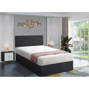 Loria Divan Bed Set with Headboard and Mattress - Crushed Fabric, Black Color, 2 Drawers Left Side