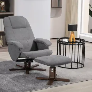 HOMCOM Swivel Recliner Chair and Footstool Linen-touch Fabric Wooden Base, Grey