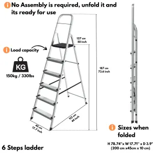 Lightweight Step Ladders 6 Step 187cm Max Load 150 kg - Compact Aluminium Portable Stepladder - Heavy Duty Tall Folding Ladder